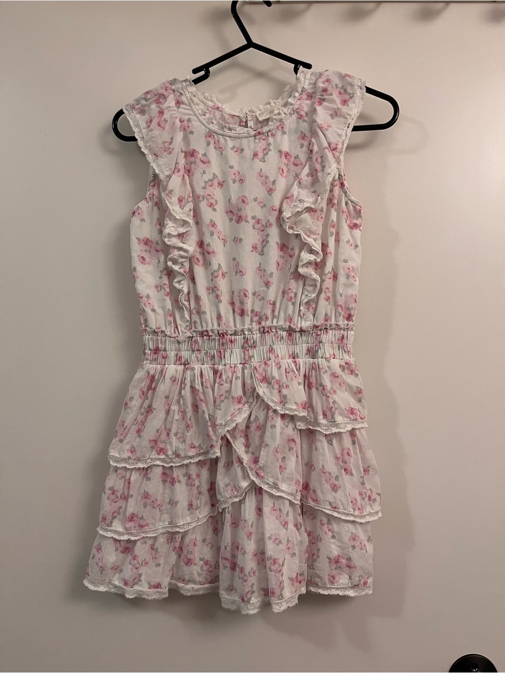 LoveShackFancy White Dress with Pink Floral Ruffles